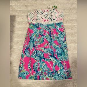 NEW Lilly Pulitzer Brynn Strapless Cotton Lace Raz Berry Lobsters In Love Dress